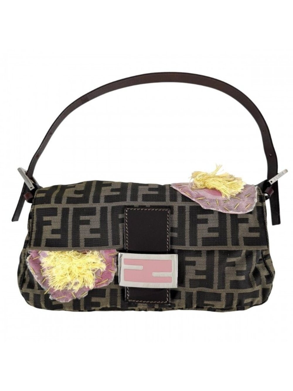 Fendi Handbag Mamma Bucket Floral Embroidery Shoulder Nylon Canvas Brown Pink
